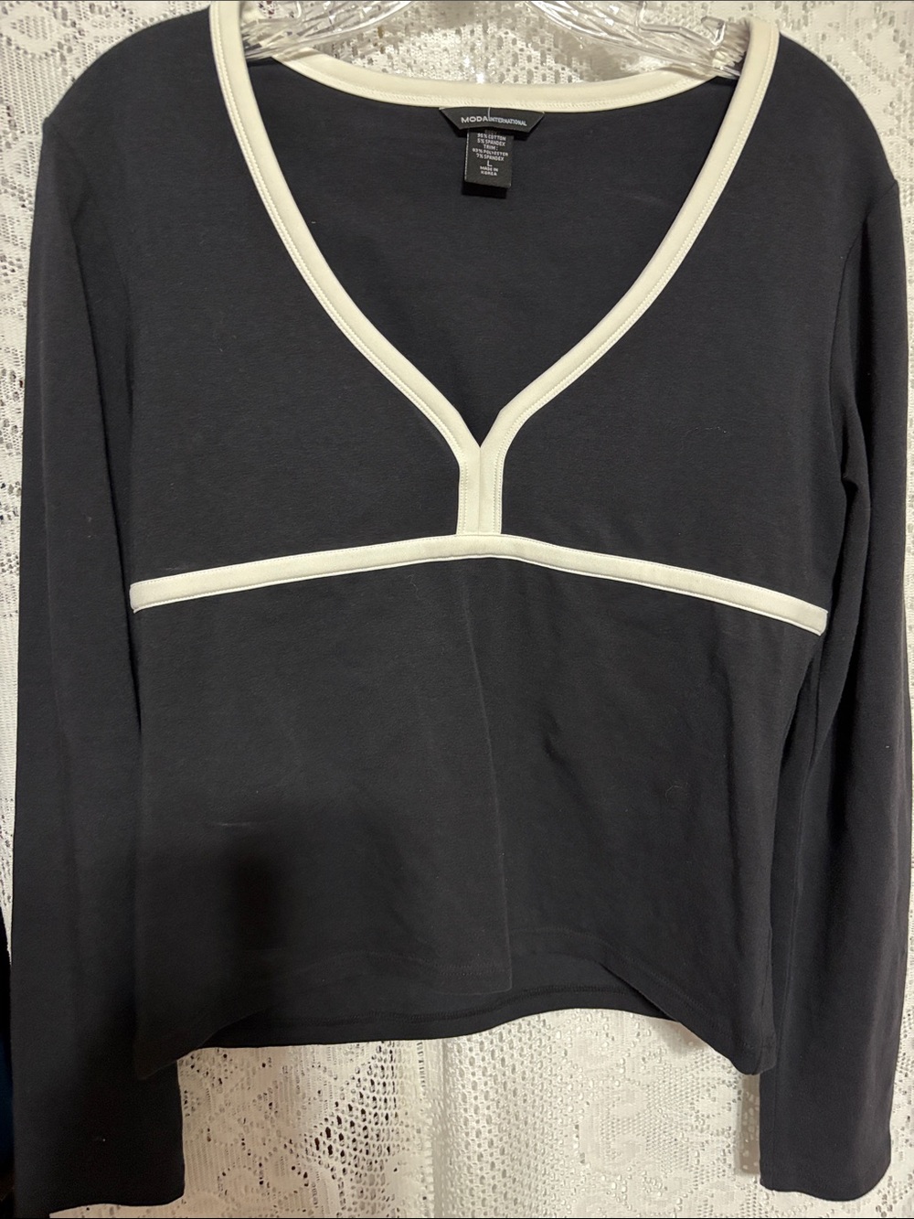 Moda International Black Long Sleeve V-Neck Top with Cream Trim